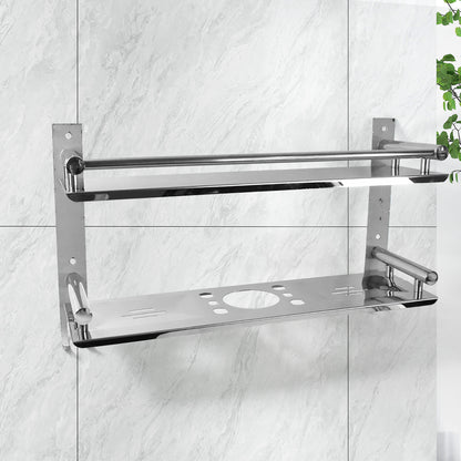 Side view of stainless steel bathroom shelf with soap and tumbler holders