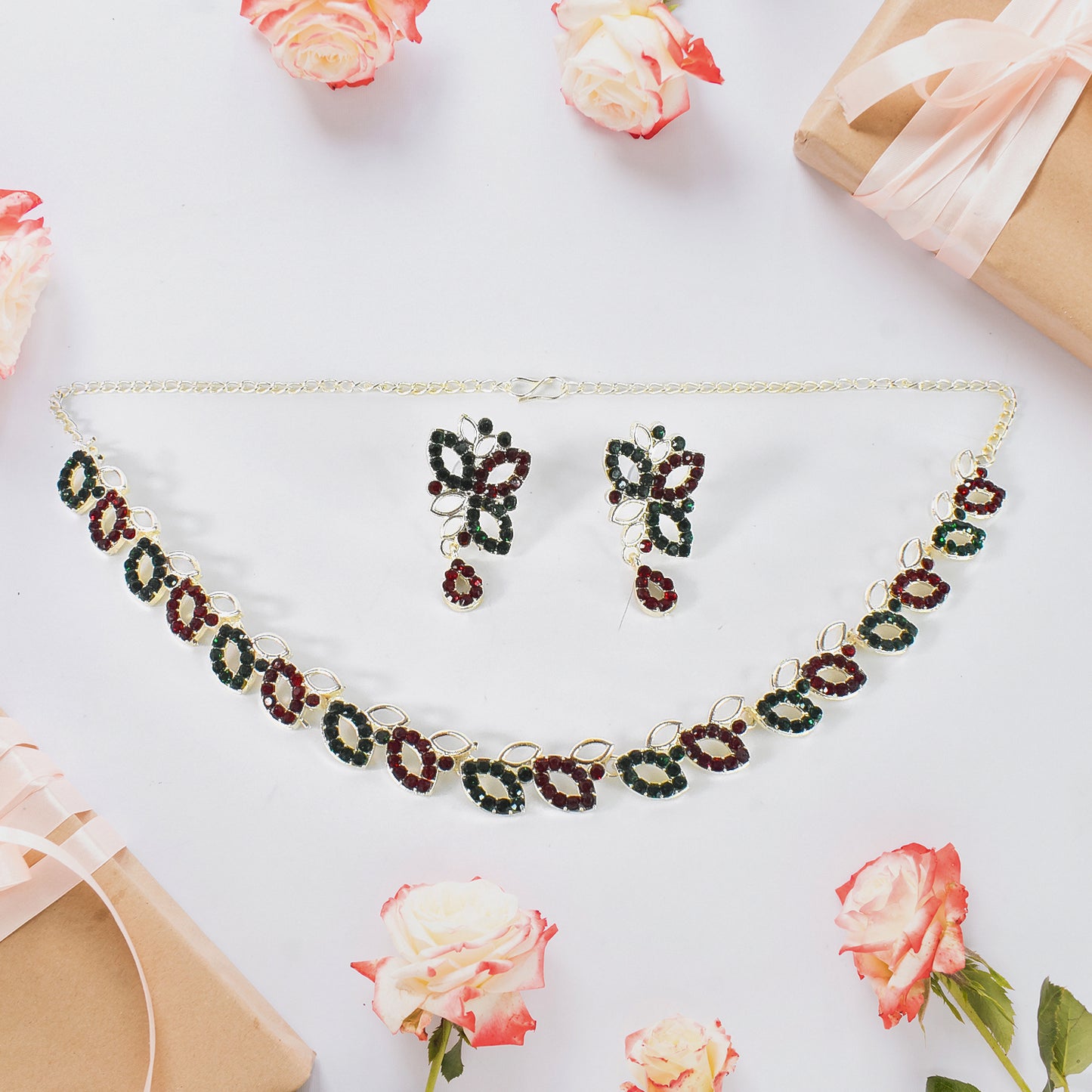 American Diamond Studded Floral Shaped Necklace With Earrings