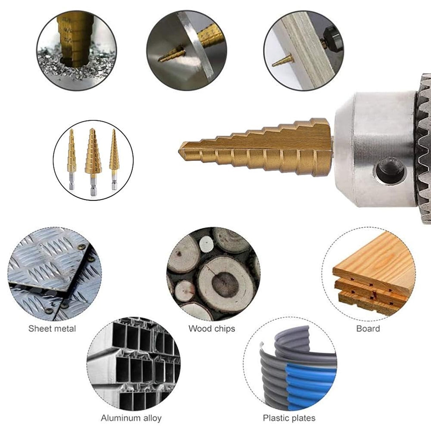 Step drill bits sizes ranging from 4 to 32 mm