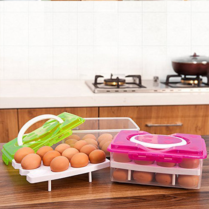 5725 2Layer, 32 Grid Egg Tray with Lid Egg Carrier Holder for Refrigerator, Camping Food Storage Container with Handle (1 Pc )