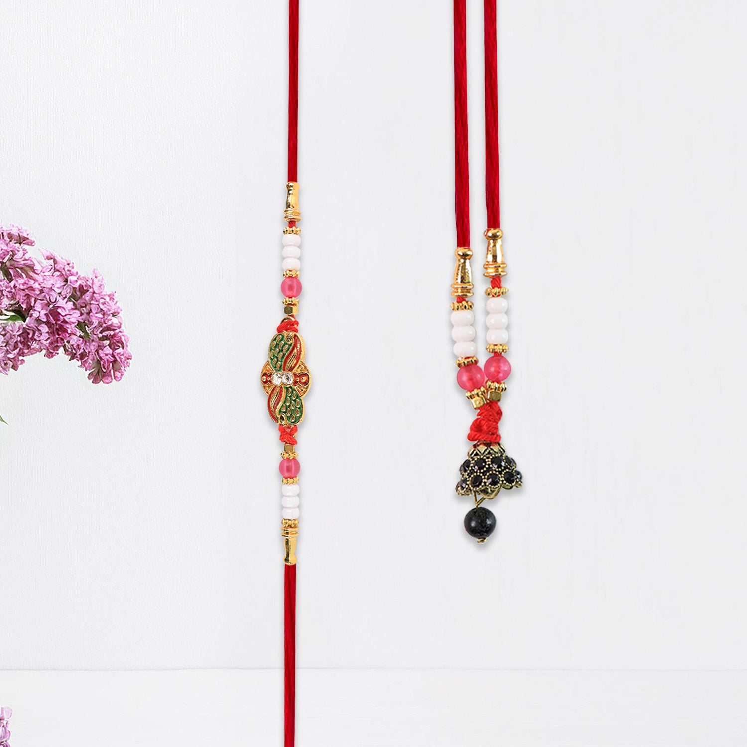 Elegant Bhabhi Lumba Rakhi with Butterfly Design, Beaded Tassels & Pink Stone Work