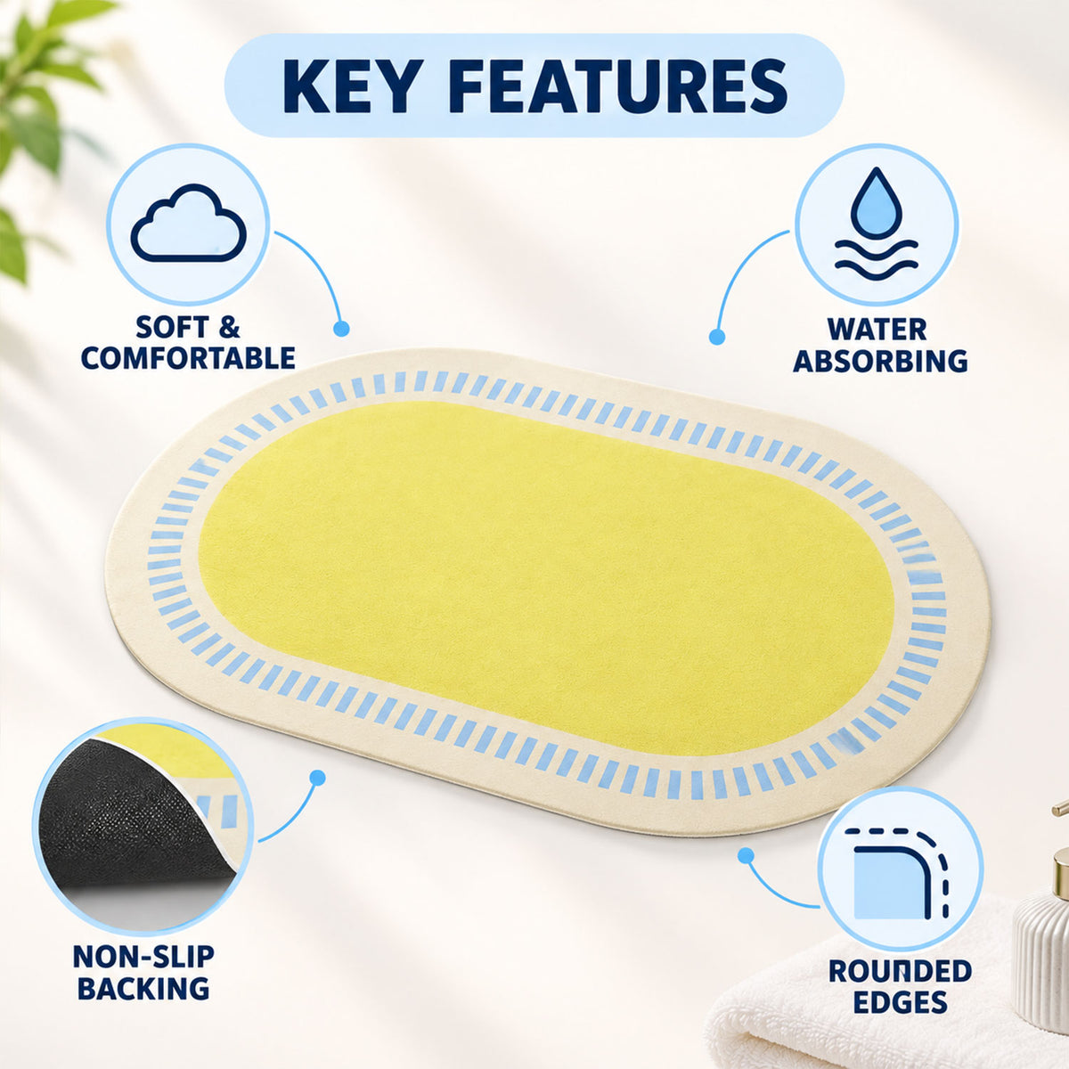 Striped Border Oval Shower Mat, Bright Quick Dry Bathroom Rug (1 Pc, 60x40 Cm)