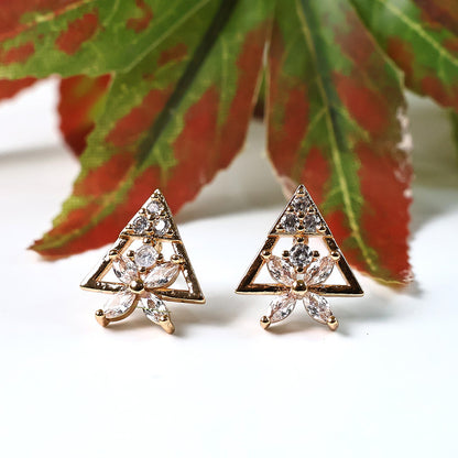 Trendy Triangle Floral Design CZ Stone Stud Earrings for Women