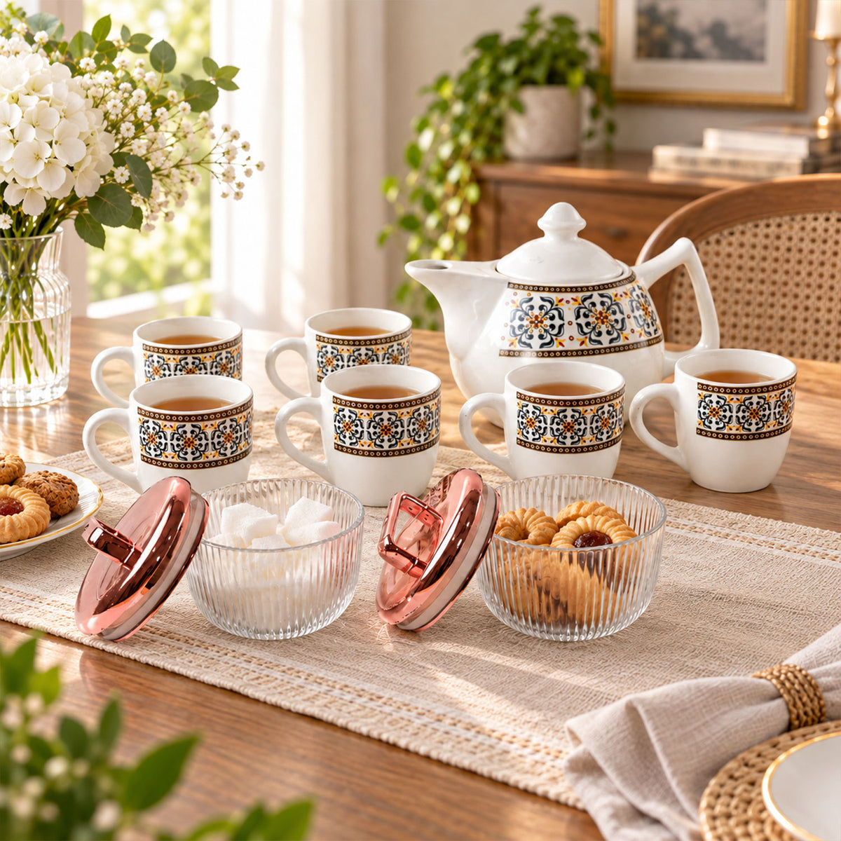 A white ceramic teapot with six matching cups, two ribbed glass jars with rose gold lids, and cookies on a table.