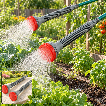 Two grey and red watering nozzles spray water onto green plants in a garden, with an inset showing the two nozzles.