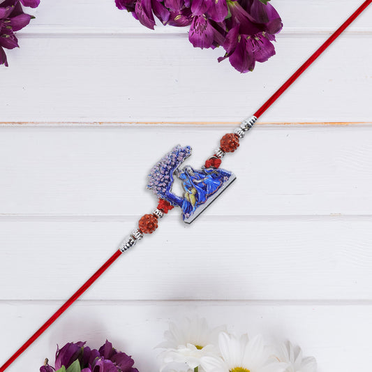 Radha Krishna Rakhi under Tree Design with Rudraksha & Red Mauli Thread
