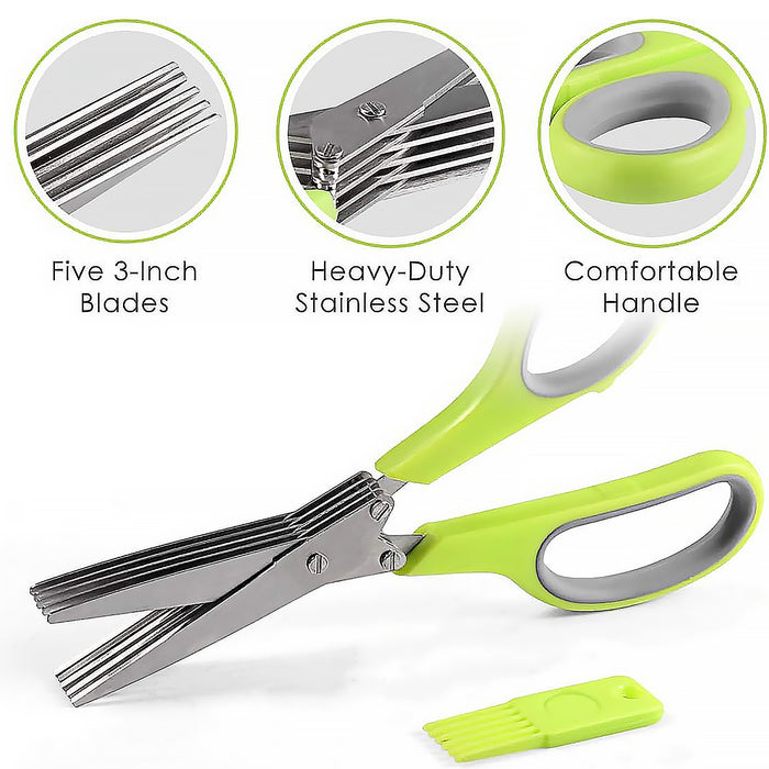 Herb Cutter Scissors 5 Blade Scissors Kitchen Multipurpose Cutting Shear with 5 Stainless Steel Blades & Safety Cover & Cleaning Comb Cilantro Scissors Sharp Shredding Shears Herb Scissors Set