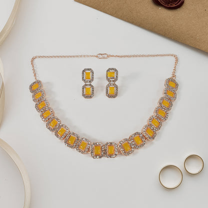 Yellow  American Diamond Studded Jewellery Necklace Set