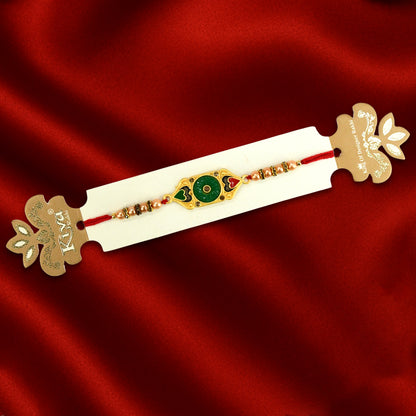 Ethnic Green & Gold Rakhi with Red-Green Heart Motif and Beaded Thread Design