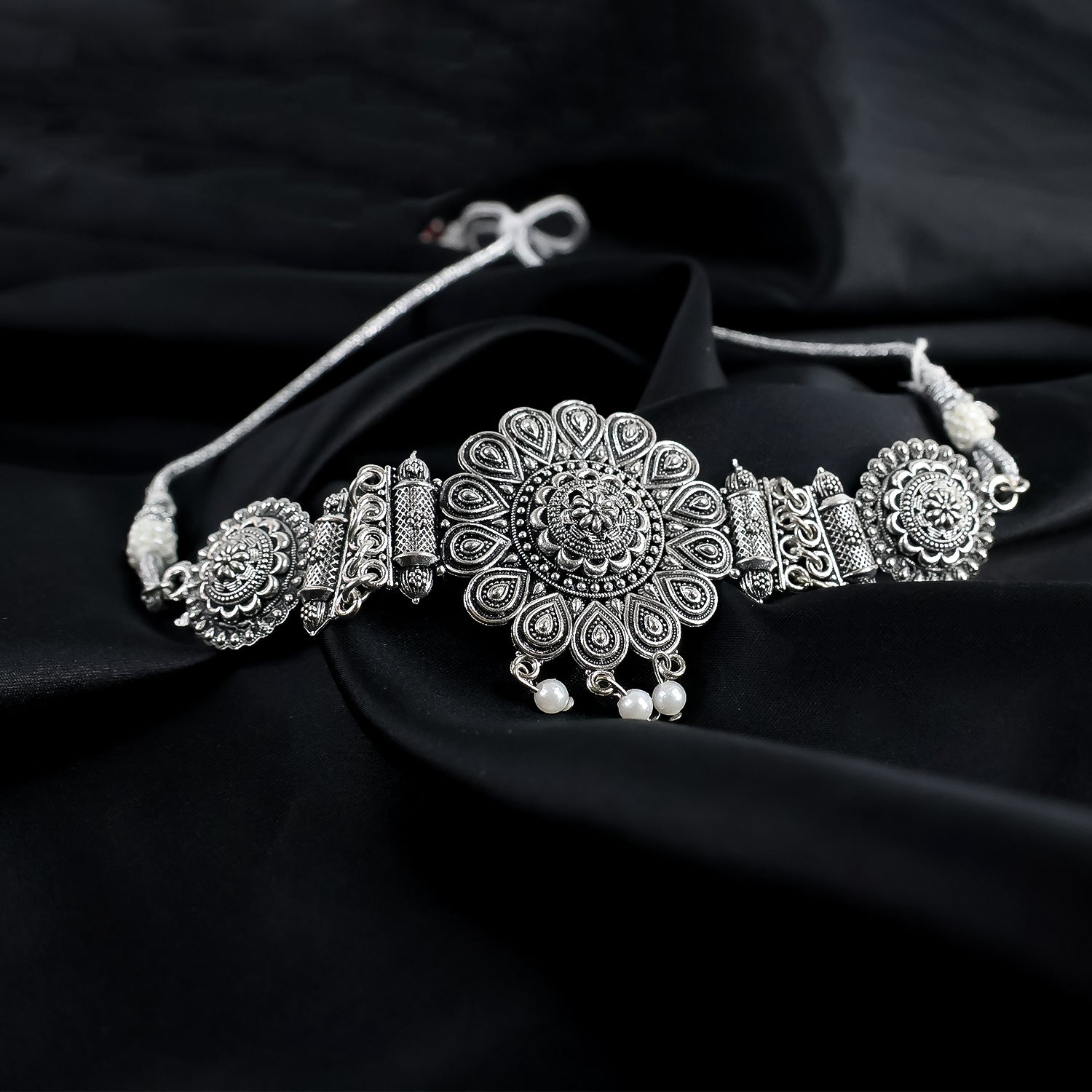 Oxidised Silver Choker With Matching Jhumas Earring For Women