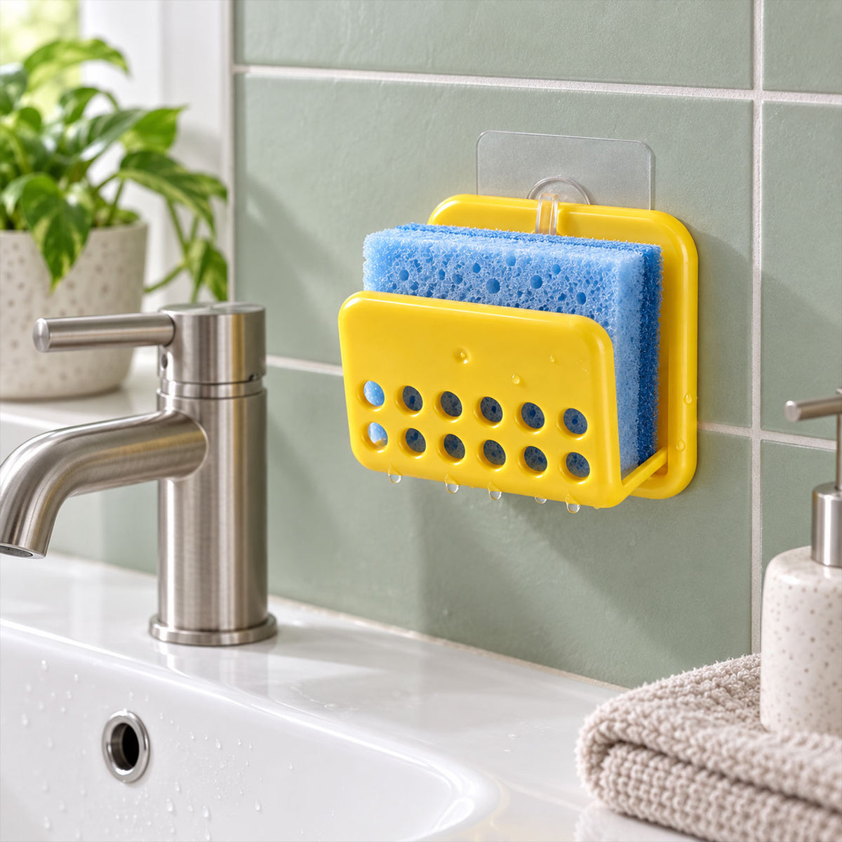 A yellow plastic sponge holder with a blue sponge, adhered to a green tiled bathroom wall above a white sink.