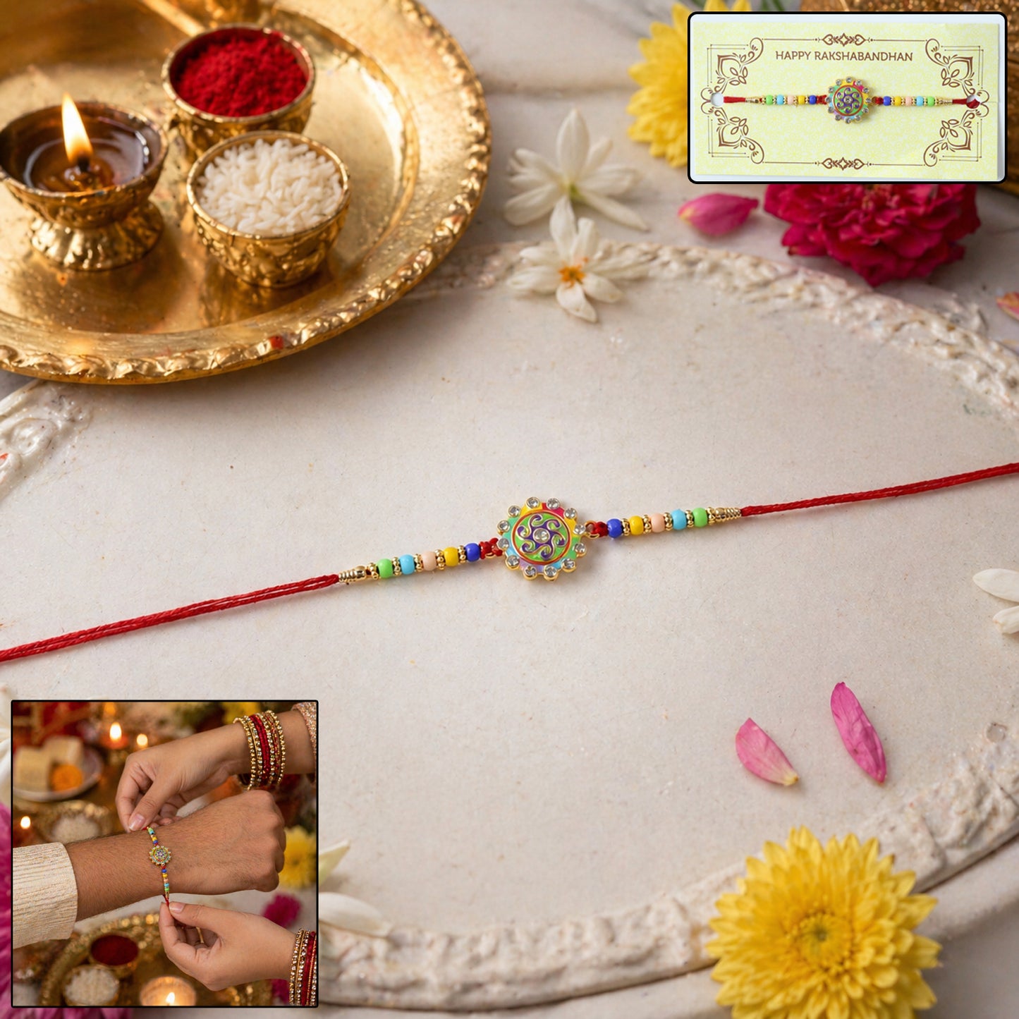 Premium Designer Rakhi with Multicolor Beads & Stone Centerpiece