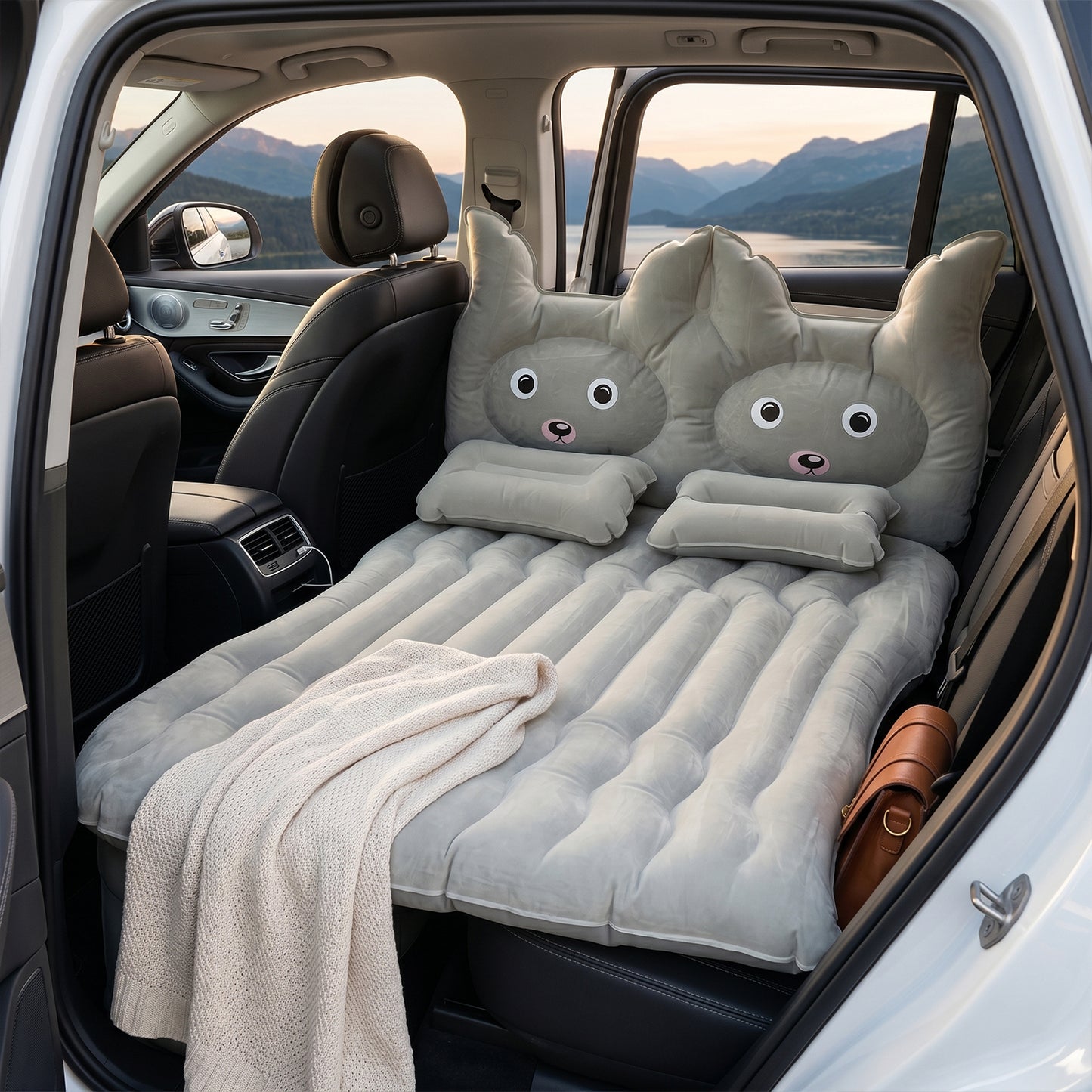 Inflatable car air mattress installed on car back seat