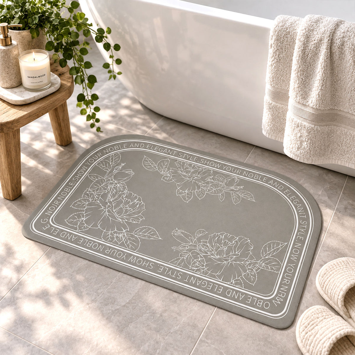 Absorbent Bathroom Mat, Half Round Floral Print Quick Dry Mat (1 Pc, 50x80 Cm)
