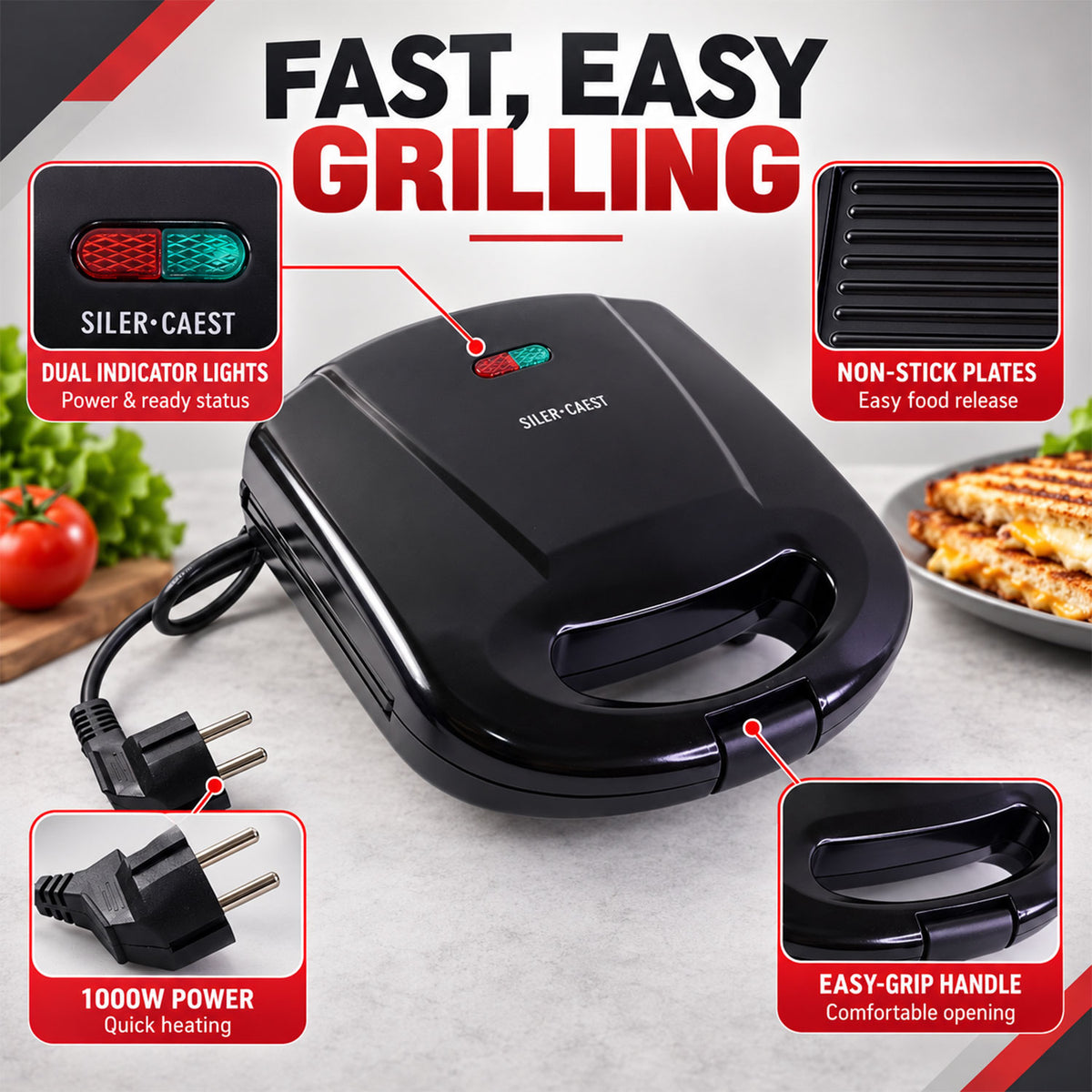 A black sandwich maker with its retail box, highlighting the product and its packaging components on a white surface.