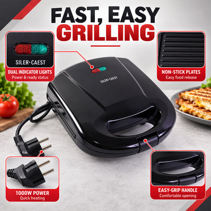 A black sandwich maker with its retail box, highlighting the product and its packaging components on a white surface.