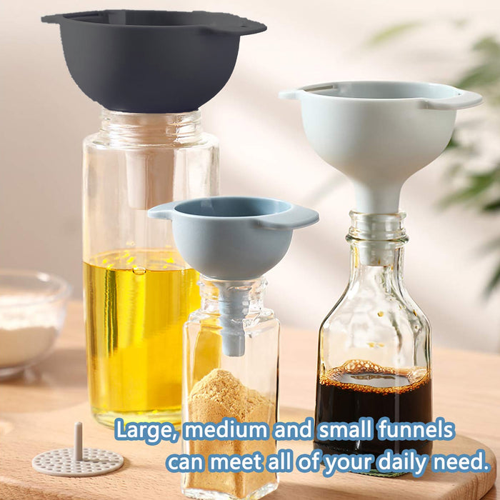 3 in 1 Kitchen Funnel Set of 3, Funnel for Filling Bottle, Small Canning Funnel with Handle, Food Grade Plastic Funnel with Detachable Strainer Filter for Liquid, Dry Ingredients, and Powder