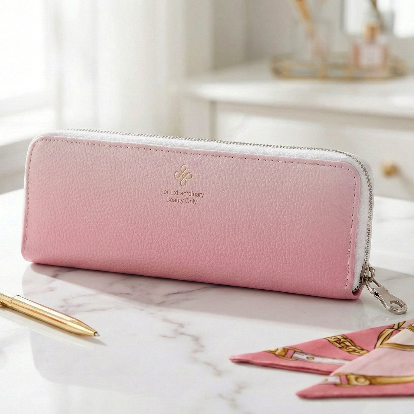 Side view of slim makeup brush storage pouch