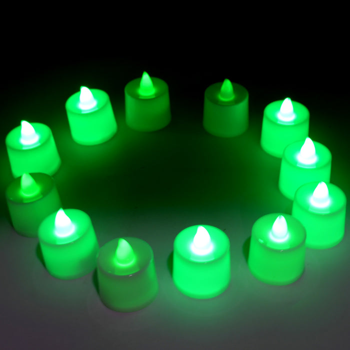 GREEN FLAMELESS LED TEALIGHTS, SMOKELESS PLASTIC DECORATIVE CANDLES - LED TEA LIGHT CANDLE FOR HOME DECORATION (PACK OF 12)