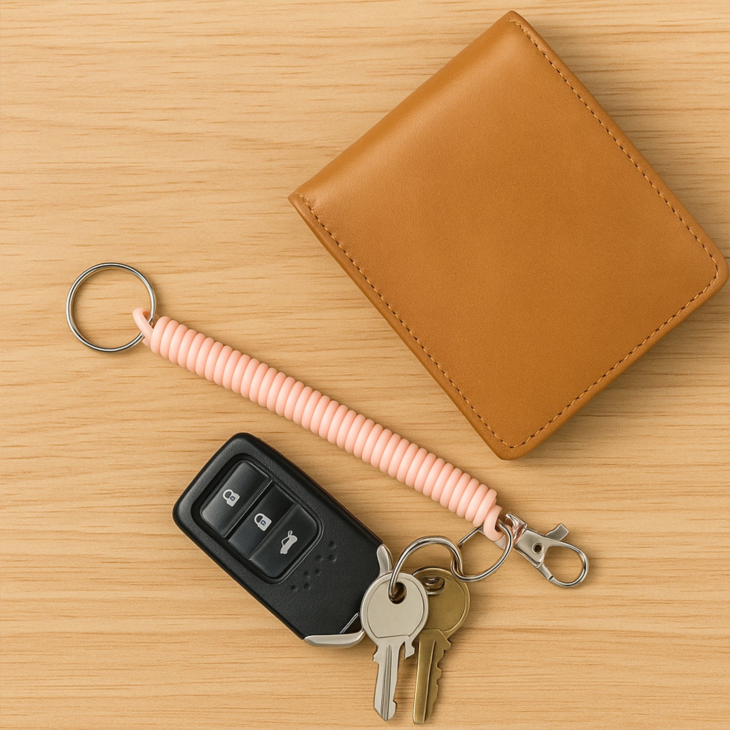 Elastic Spiral Coil Keychain Bracelet with Metal Key Ring and Clip Hook (1 Pc)