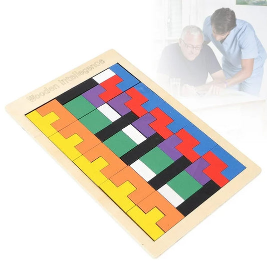 Child playing with wooden blocks puzzle on table