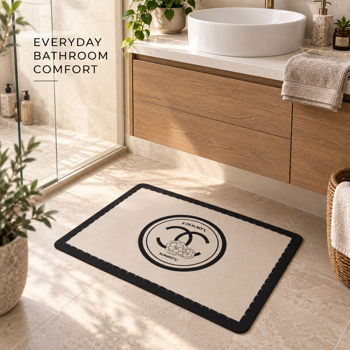 Black and Cream Bath Mat, Soft Textured Absorbent Floor Rug (1 Pc, 40x30 Cm)