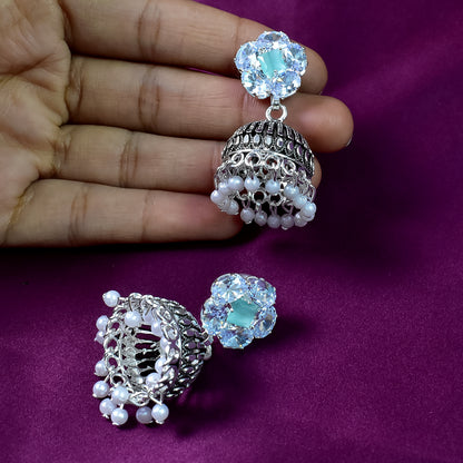 Stylish Jhumka Earrings for Women, Silver Tone with Crystals, Stones and Beads, Indian Style