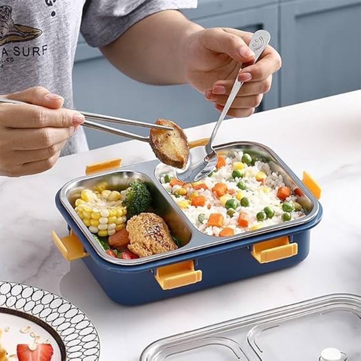 Stainless Steel Lunch Box 2 Section Lunch Box With Spoon