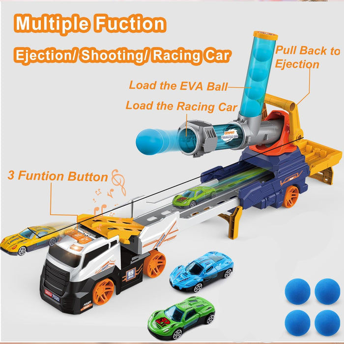 17931 Truck Toys for Kids, Large Truck Toys Include 2 Racing Cars+4 Ball, with Light & Sounds, Eejection & Shooting Transport Cars Toy, Gifts for Boys Girls (Battery Not Included)