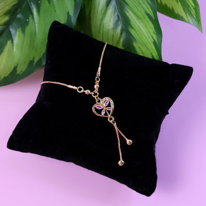 Heart Charm Drop Pendant Necklace – Elegant Gold-Plated Chain with Pink Stones