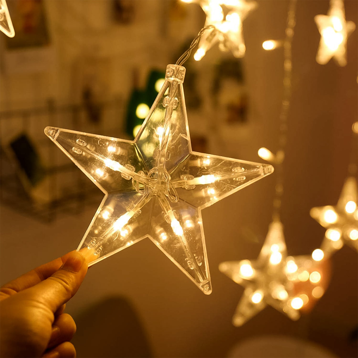 12 Stars LED Curtain String Lights with 8 Flashing Modes for Home Decoration, Diwali & Wedding LED Christmas Light Indoor and Outdoor Light ,Festival Decoration  (Warm White / With Box)