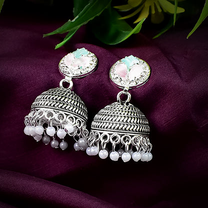 Pearl stud with blue & pink contemptory jhumka