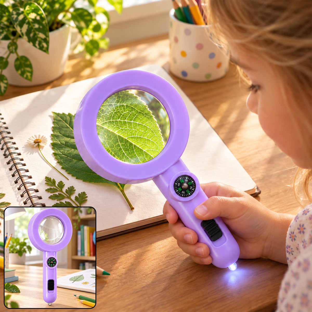 Handheld Magnifying Glass with LED Light and Compass for Nature Exploration (1 Pc)