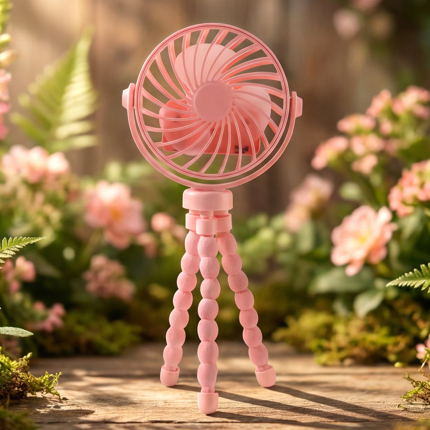 Side view of portable LED fan with adjustable tripod legs