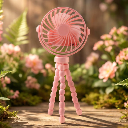 Side view of portable LED fan with adjustable tripod legs