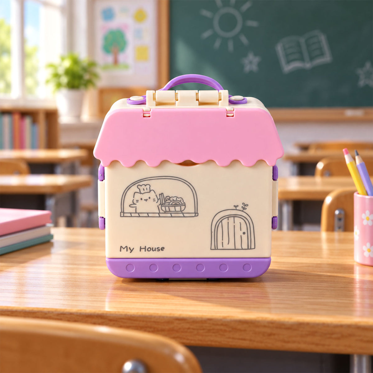 House Shape Plastic Kids Lunch Box with Handle and Spoon Fork (17 x 17 x 6.5 Cm)