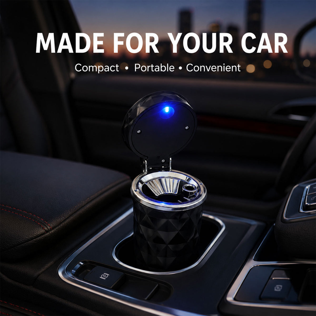 Car Cupholder Ashtray – LED Light, Lid & Portable Bin | Velvet Wheels