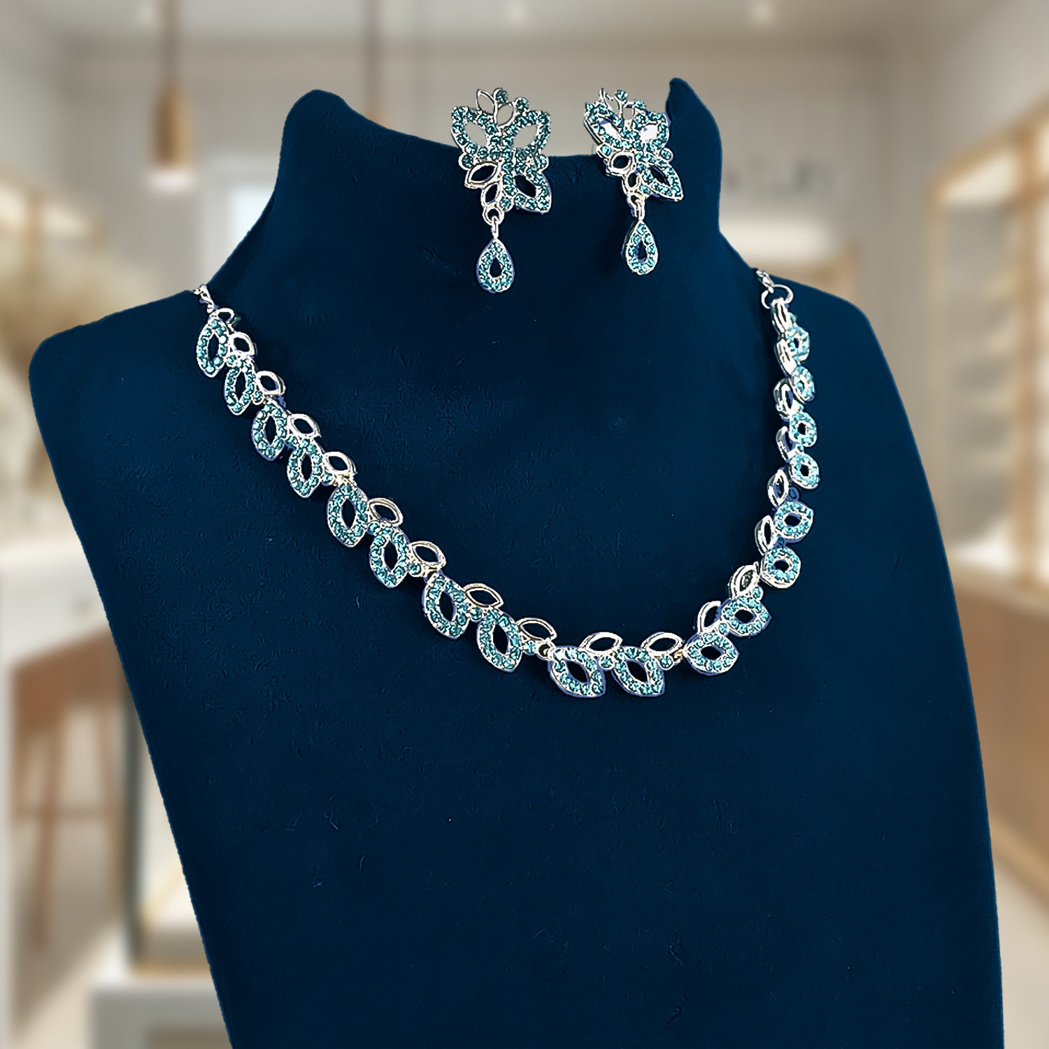 American Diamond Studded Floral Shaped Necklace With Earrings