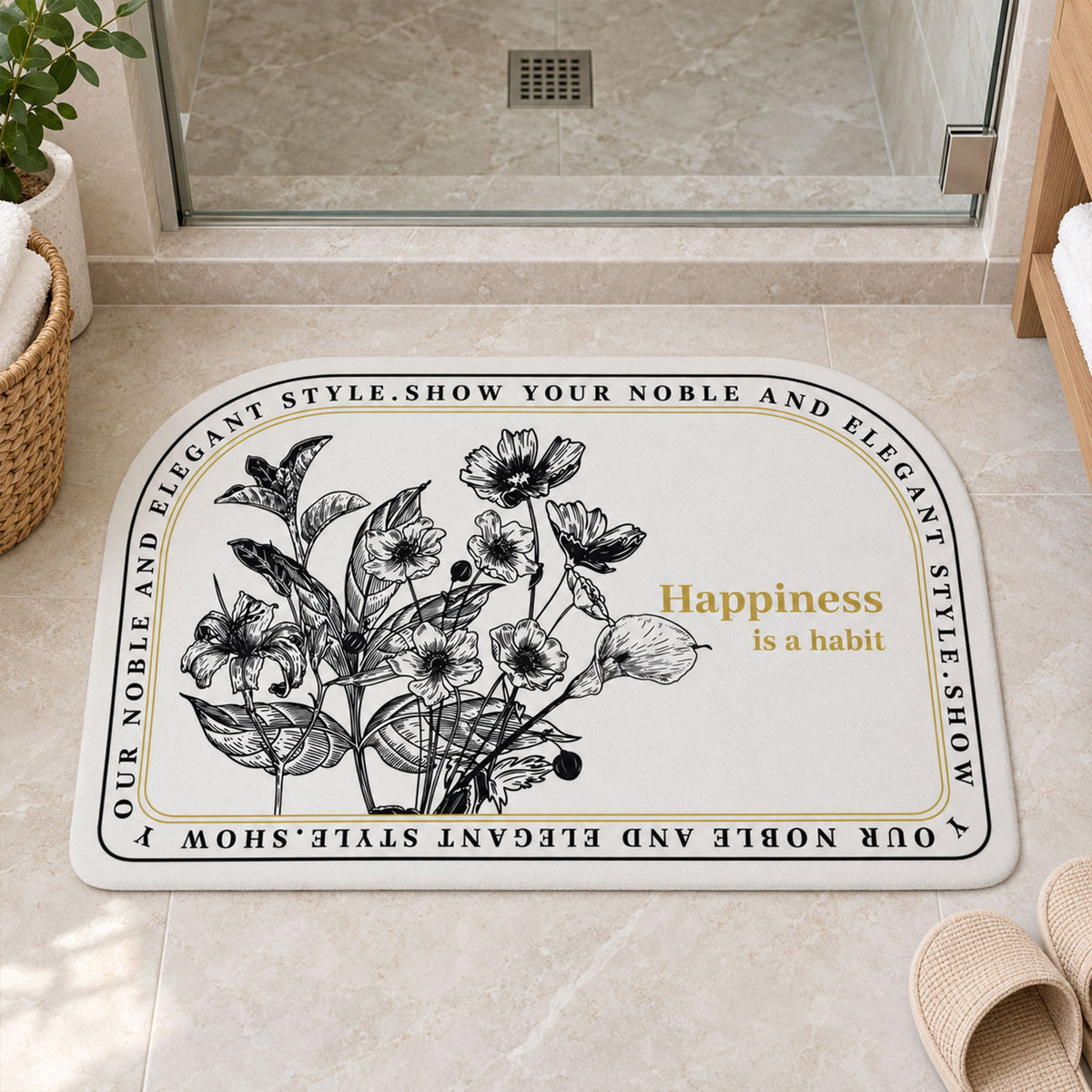 Absorbent Bathroom Mat, Half Round Botanical Quote Print Mat (1 Pc, 50x80 Cm)