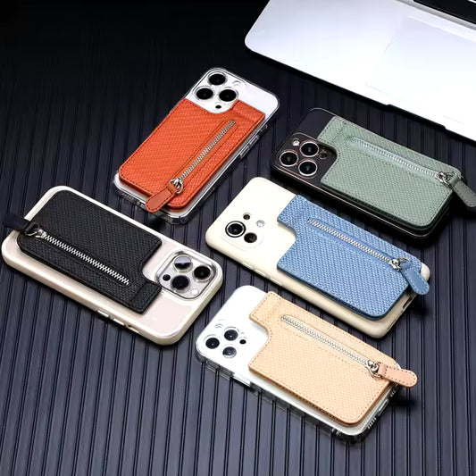 Card phone holder wallet showing zipper pocket and card storage