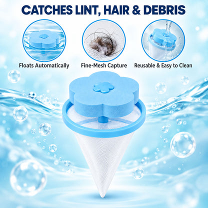A blue flower lint filter floats in water, with insets showing hair and a clean filter.