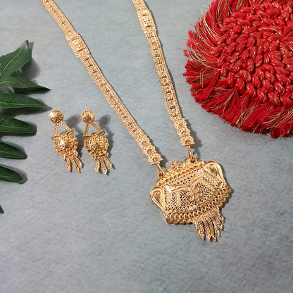 Gold-Tone Traditional Necklace Set with Ornamental Pendant & Matching Dangling Earrings