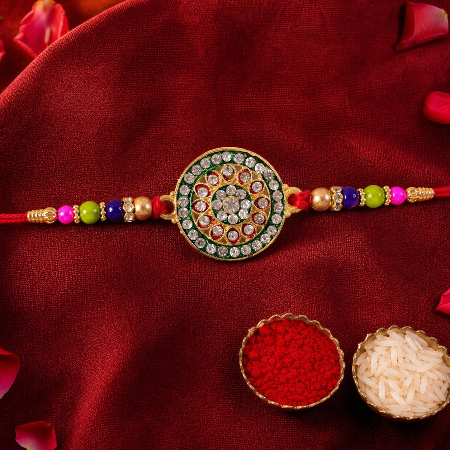 A gold and green circular Rakhi with clear stones and colorful beads lies on a red fabric with scattered rose petals and two