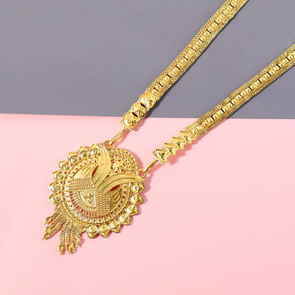 Gold-Tone Ethnic Necklace Set with Intricate Pendant and Matching Drop Earrings