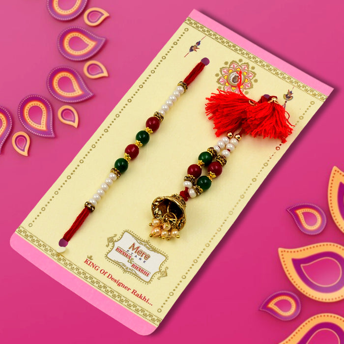 Red-Green Beads Rakhi For Bhaiya And Bhabhi