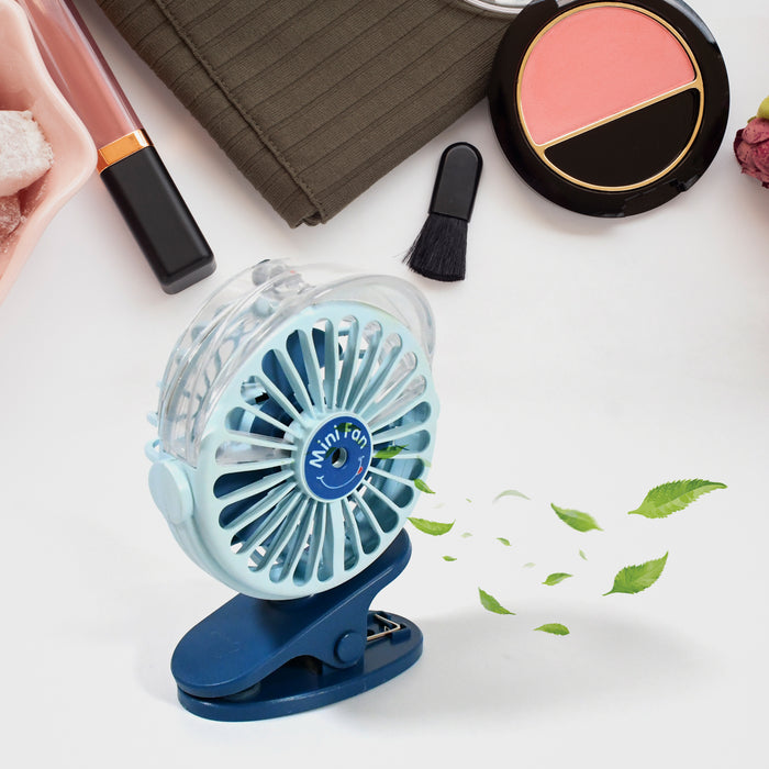 Portable Clip-on Fan, Battery Operated, With Light & Spray, Small Yet Powerful USB Table Fan, 3-Speed Quiet Rechargeable Mini Desk Fan, 360° Rotation, Personal Cooling Fan for Home, Office, Camping