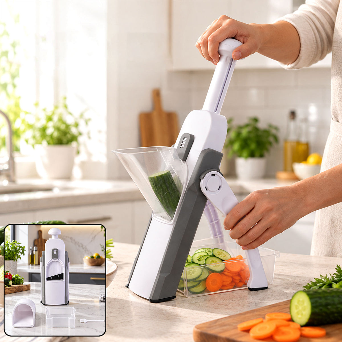 Manual Vegetable Slicer and Chopper with Adjustable Thickness and Tray (1 Set)