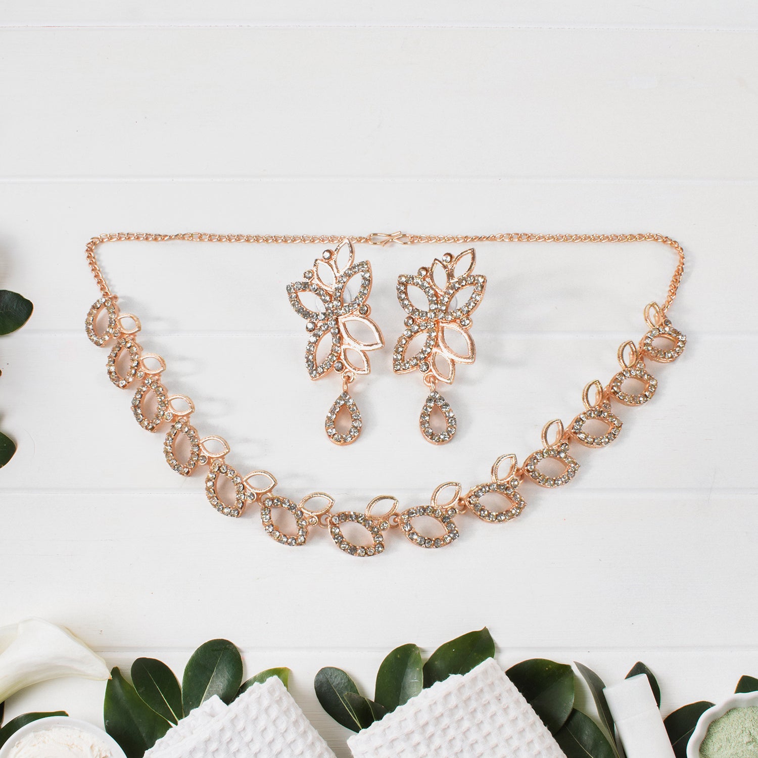 American Diamond Studded Floral Shaped Necklace With Earrings