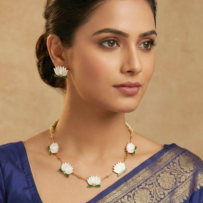 White Lotus Necklace Set – Adjustable Thread Traditional Jewellery