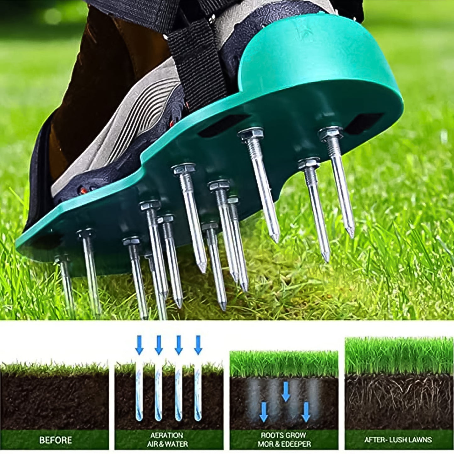 Lawn Aerator Sandals, Garden Grass Aerator Spiked Sandals Green Studded Shoes (1 Pair)